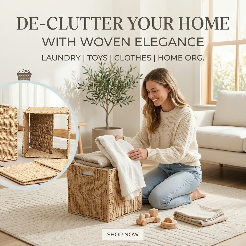 🧺Rustic style handwoven foldable square storage basket