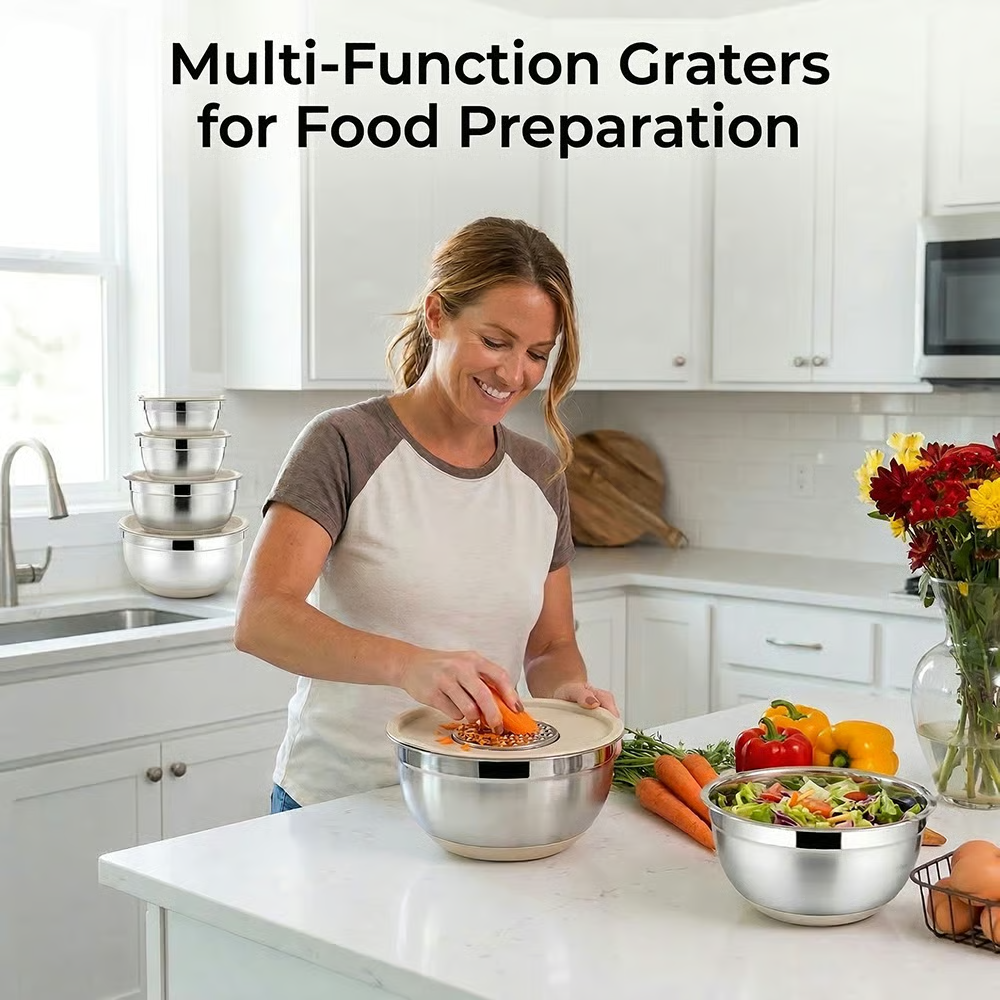 🥗 Stainless Steel Nested Mixing Bowl Set - 6 Pieces, with Lid and Grater