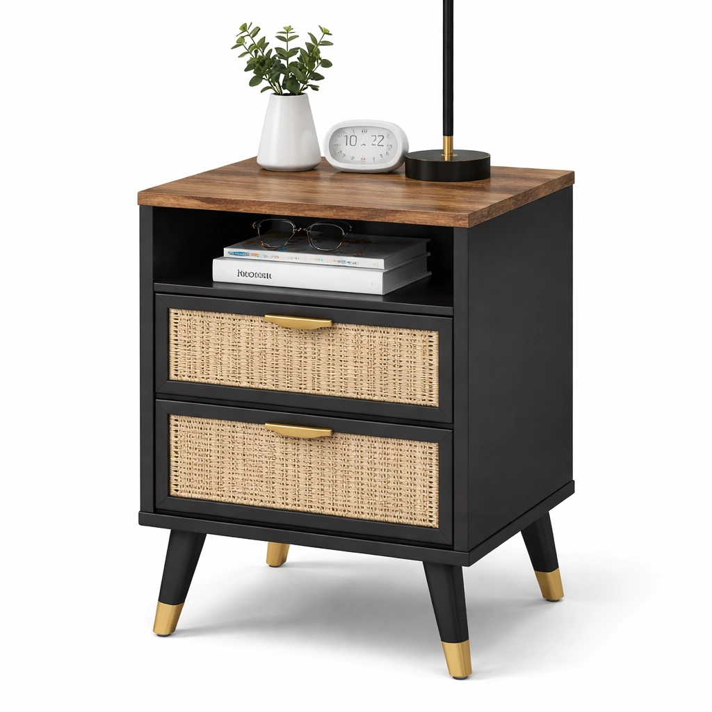 Nachttisch mit Rattanfront und Holzplatte-elvarixo