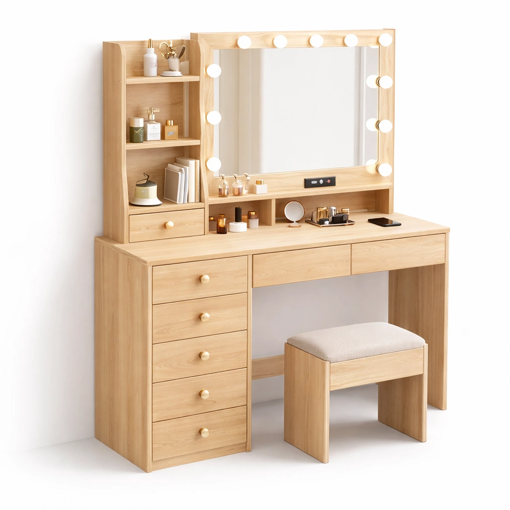Schminktisch mit beleuchtetem spiegel naturholz-elvarixo