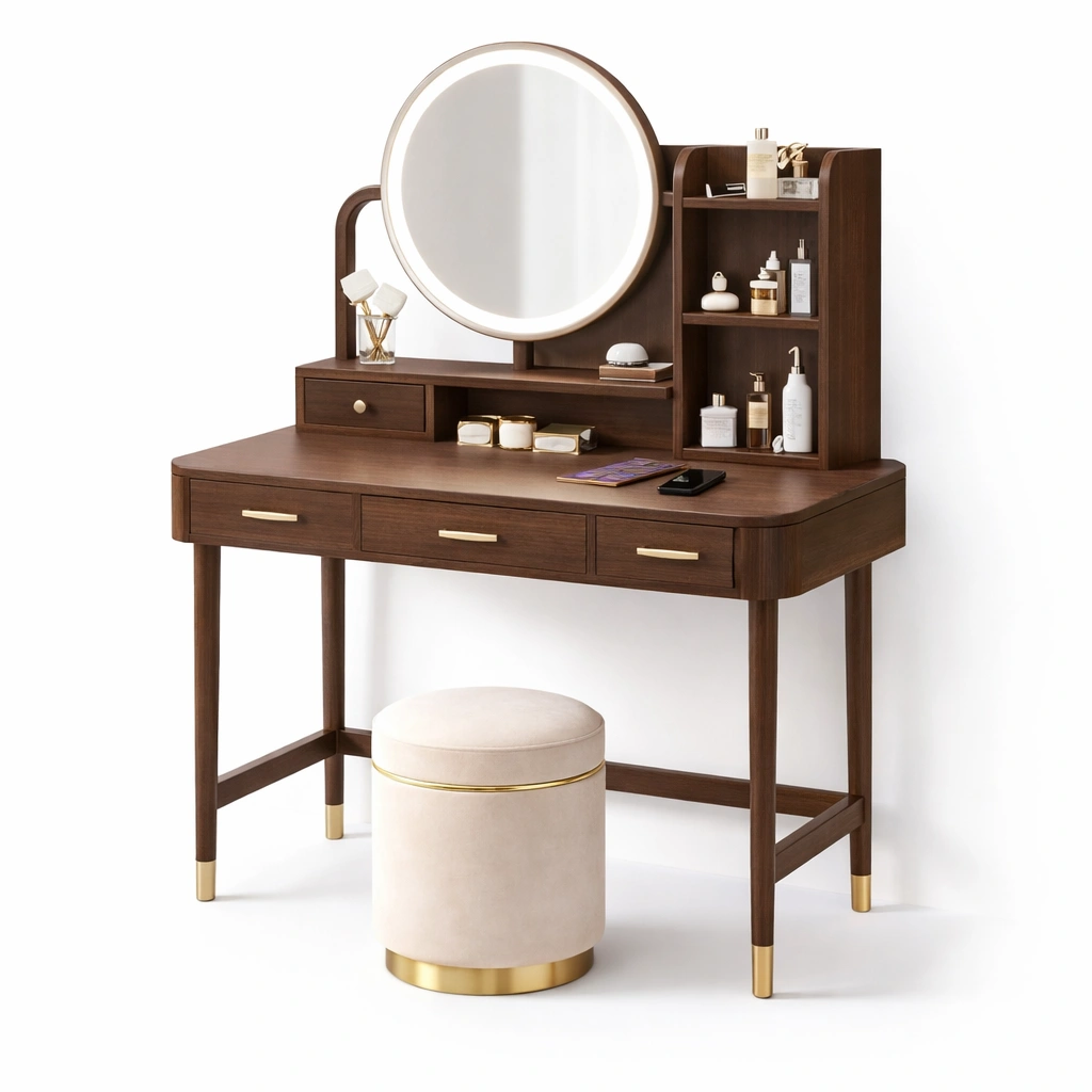 Schminktisch dunkelbraun mit rundem spiegel-elvarixo