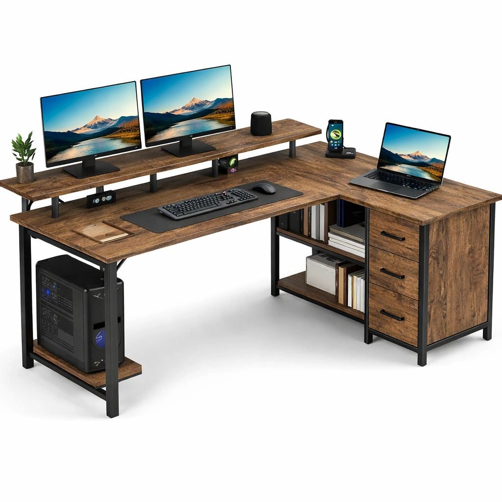 Eck schreibtisch mit regalen und monitorablage-elvarixo