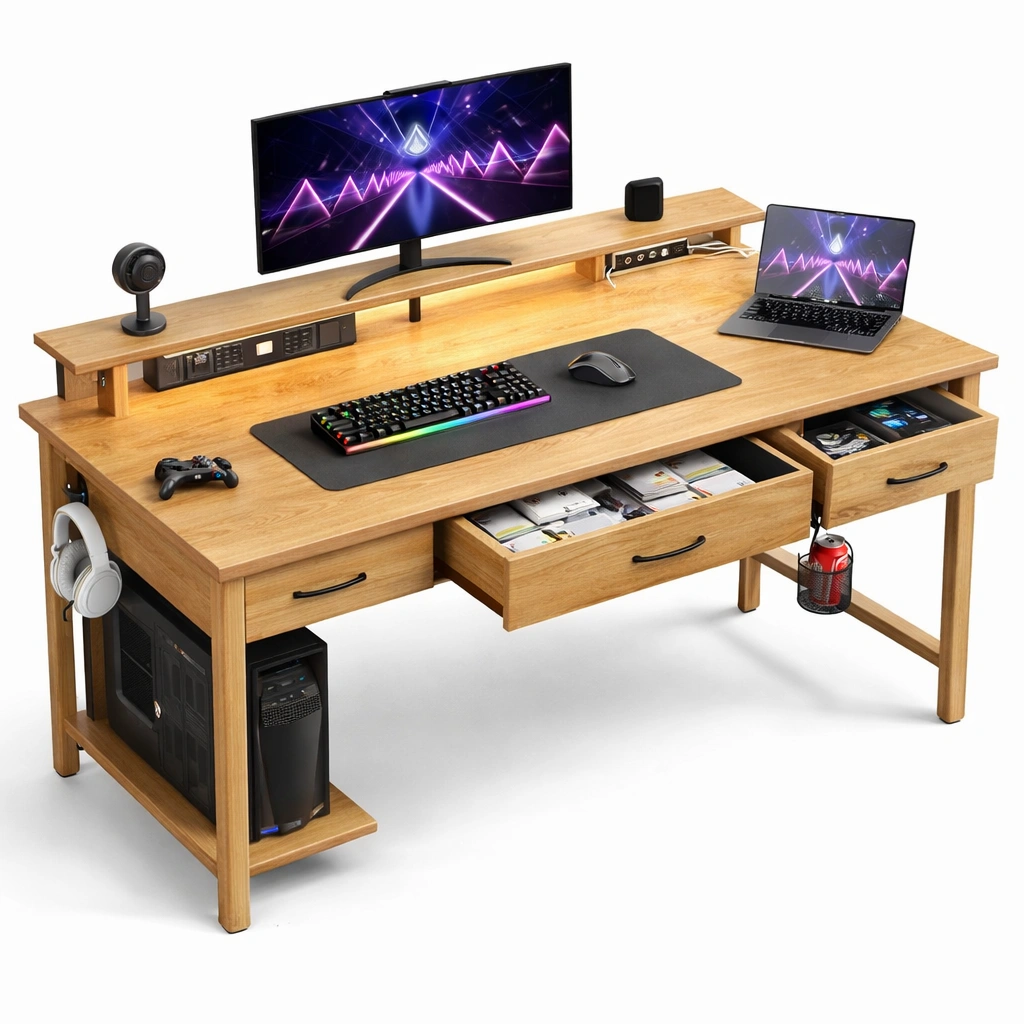 Gaming Schreibtisch mit Ablage und LED Licht-avnorae