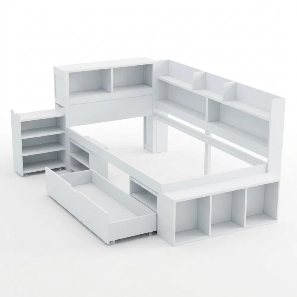 Sofá Cama Individual Multifuncional con Cajones y Armario, Espacio de Almacenamiento Amplio, Base de Lamas, Blanco