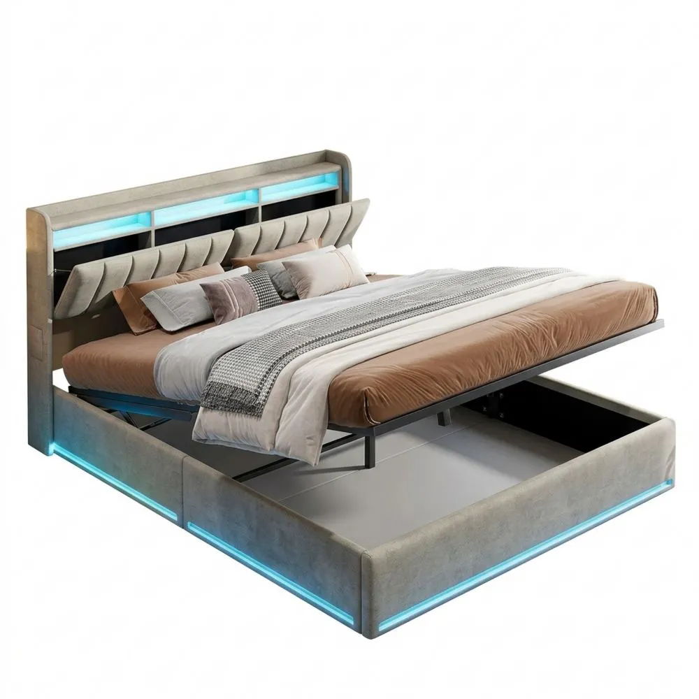 Cama doble 140 x 200 cm con almacenamiento hidráulico, puerto USB y luz LED