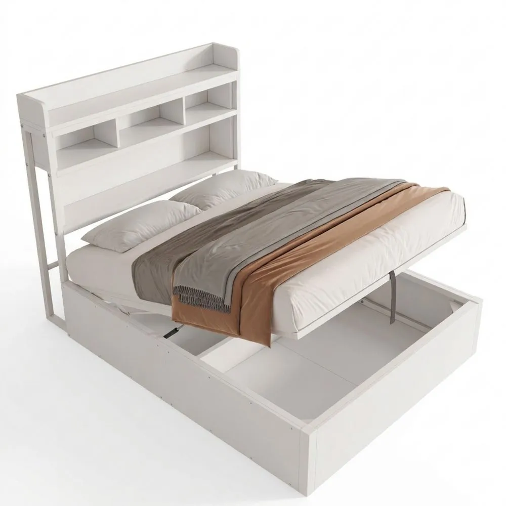 Cama Individual de 90x200 cm con Cabecero USB y Almacenamiento, Blanco, Sin Colchón