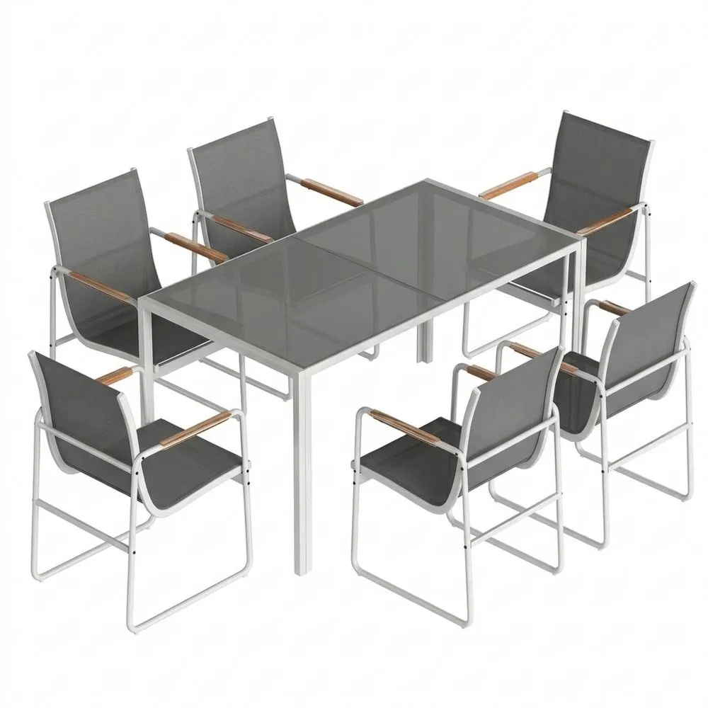 Conjunto de Mesa y Sillas de Jardín de 7 Piezas con Mesa de Vidrio Templado y Sillas Transpirables