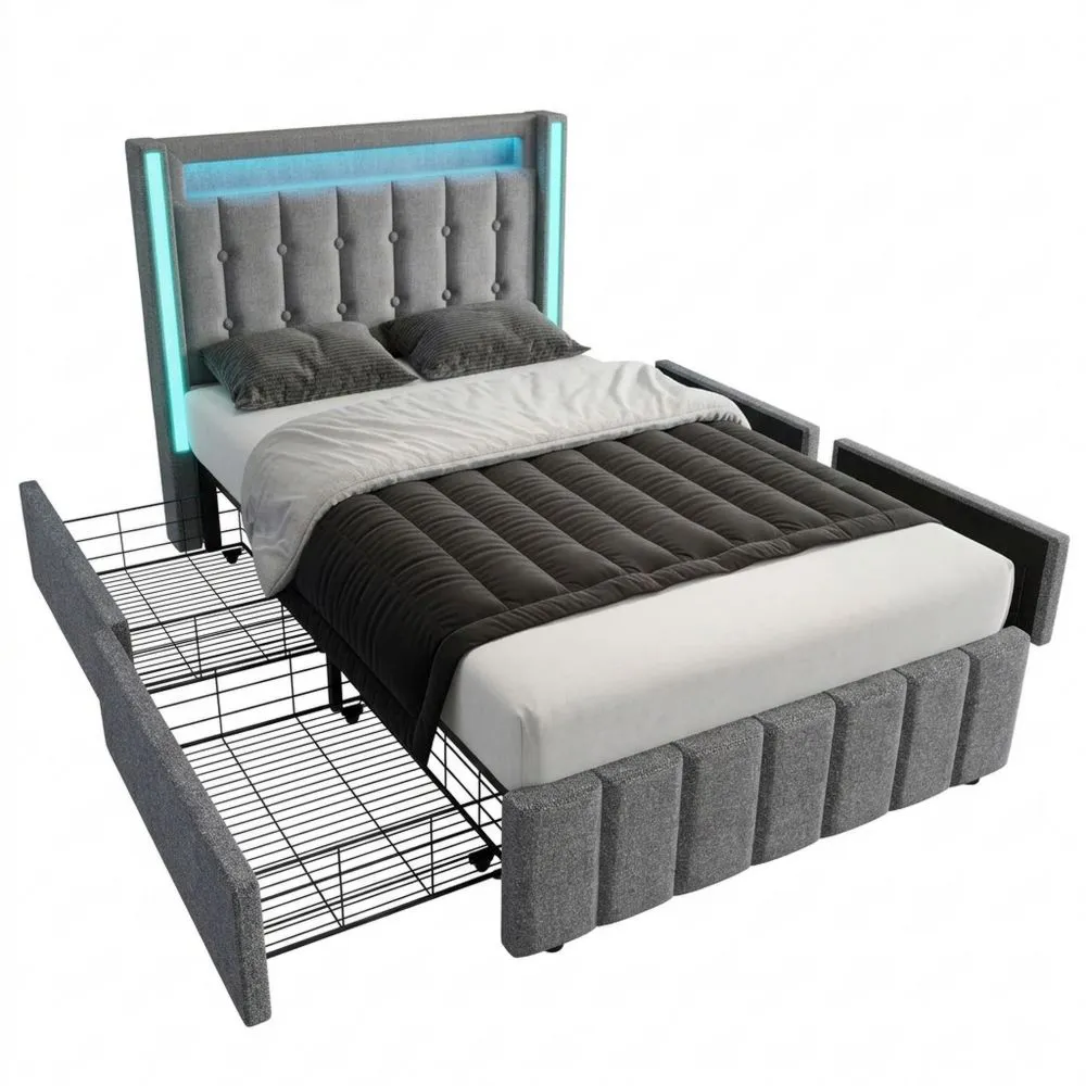 Cama Individual Tapizada 90 x 200 cm con Iluminación LED y Cajones