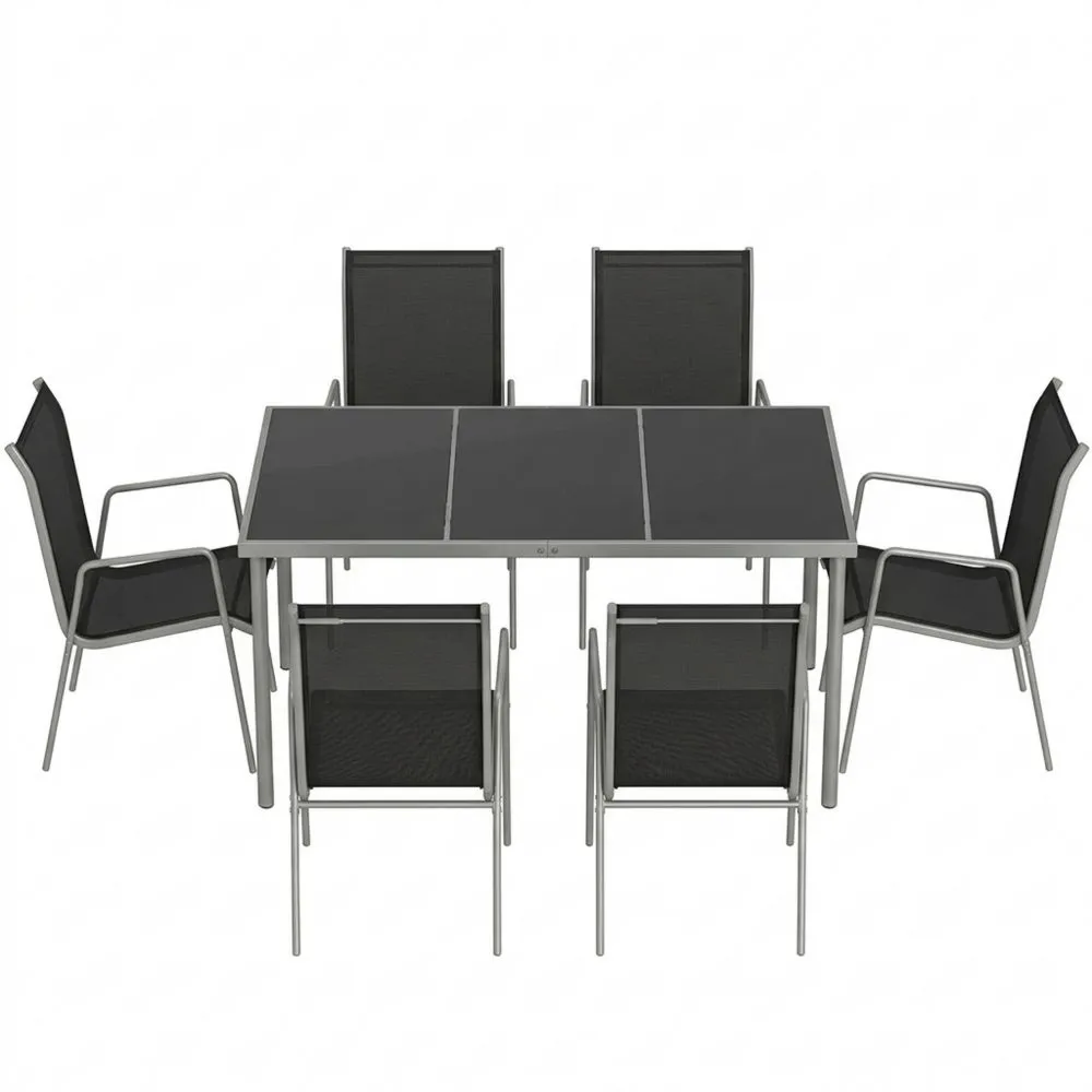 Conjunto de Mesa y Sillas de Jardín de 7 Piezas con Vidrio Templado y Sillas Apilables