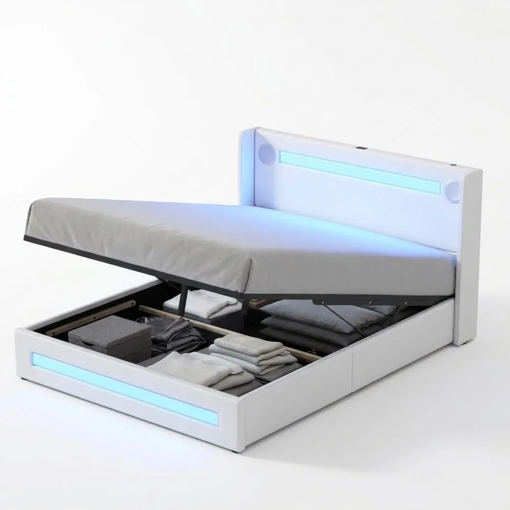 Cama Doble con Luz LED y Almacenamiento Hidráulico