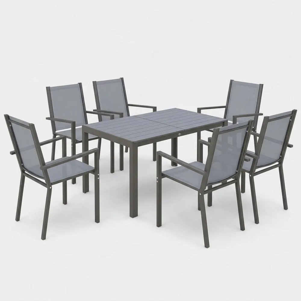 Conjunto de Mesa y Sillas de Jardín de 7 Piezas, Mobiliario Exterior con Sillas Apilables y Estructura de Acero, para Terraza y Patio, Gris Claro