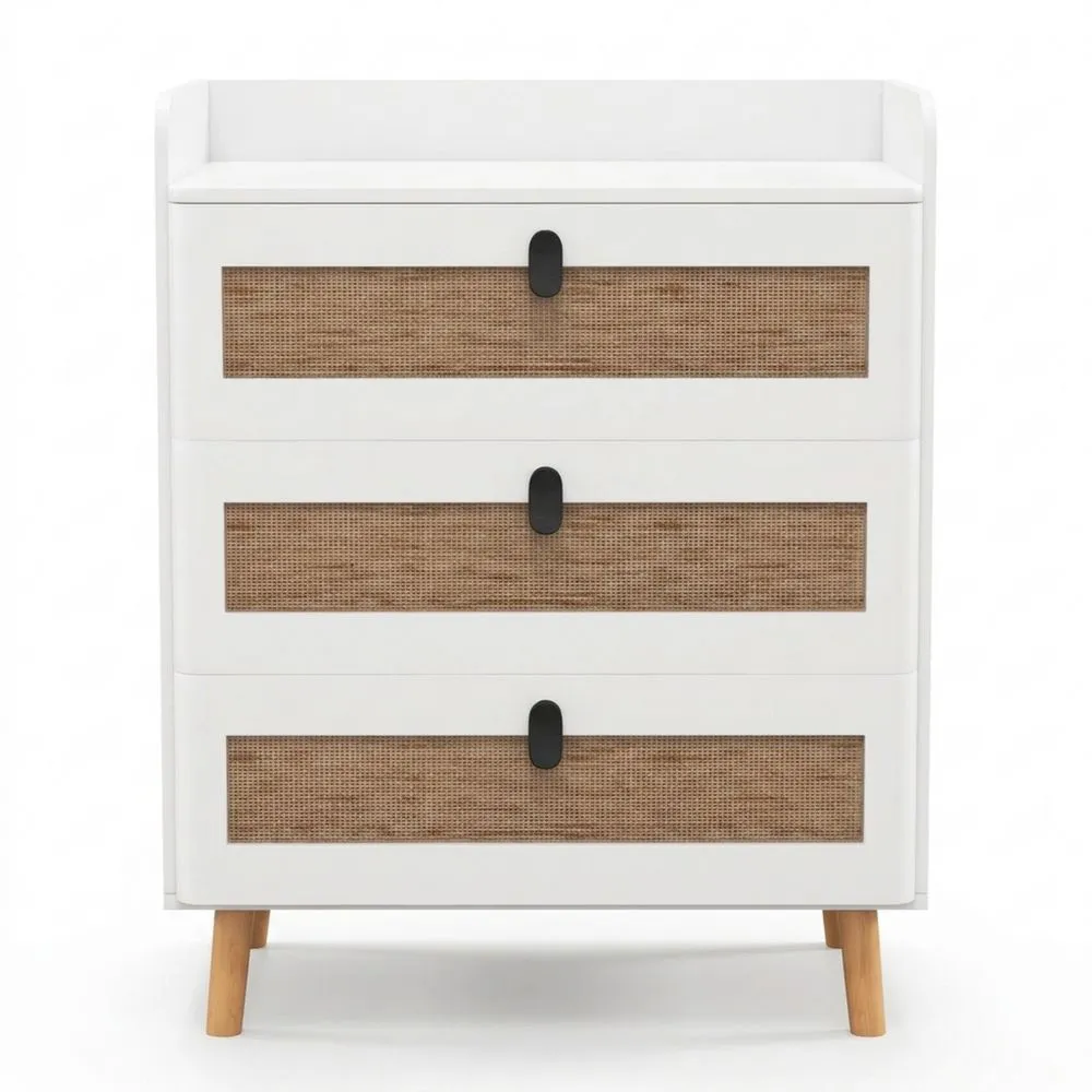 Mesita de Noche Blanca con Cajones de Ratán y Patas de Madera