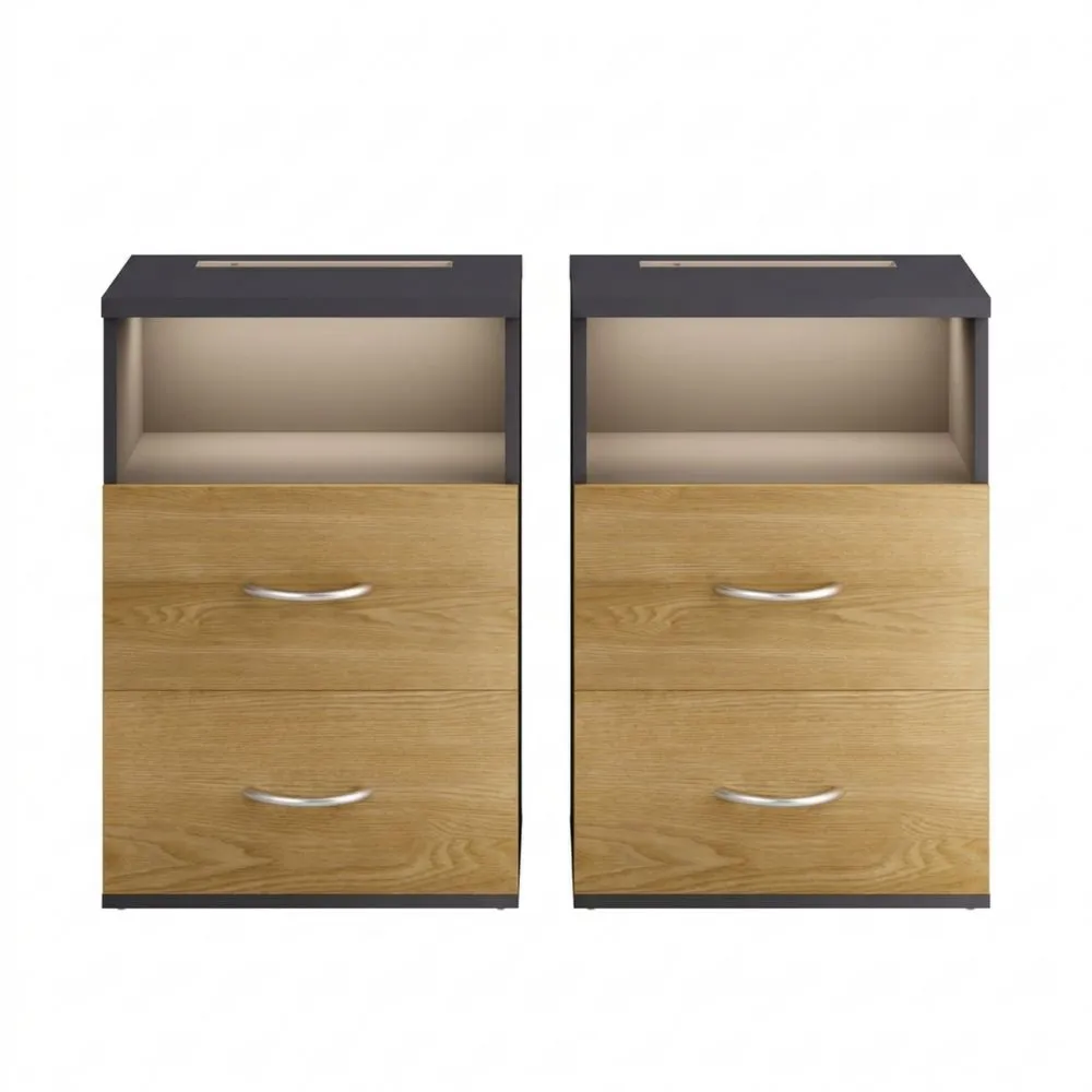 Mesitas de noche con luz LED regulable y 2 cajones, 40 x 28 x 55 cm, madera gris para dormitorio o sala de estar