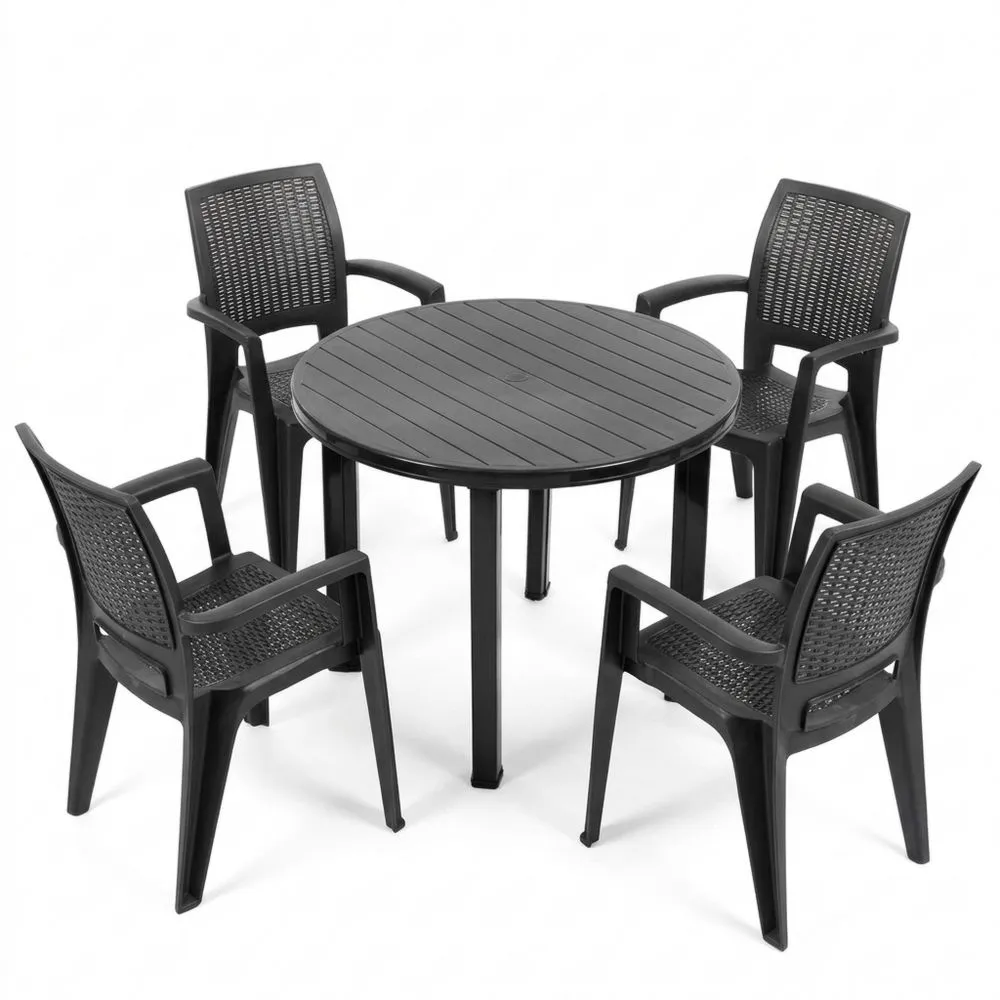 Juego de Mesa Redonda Viana + 4 Sillas de Resina Caribeñas en Antracita