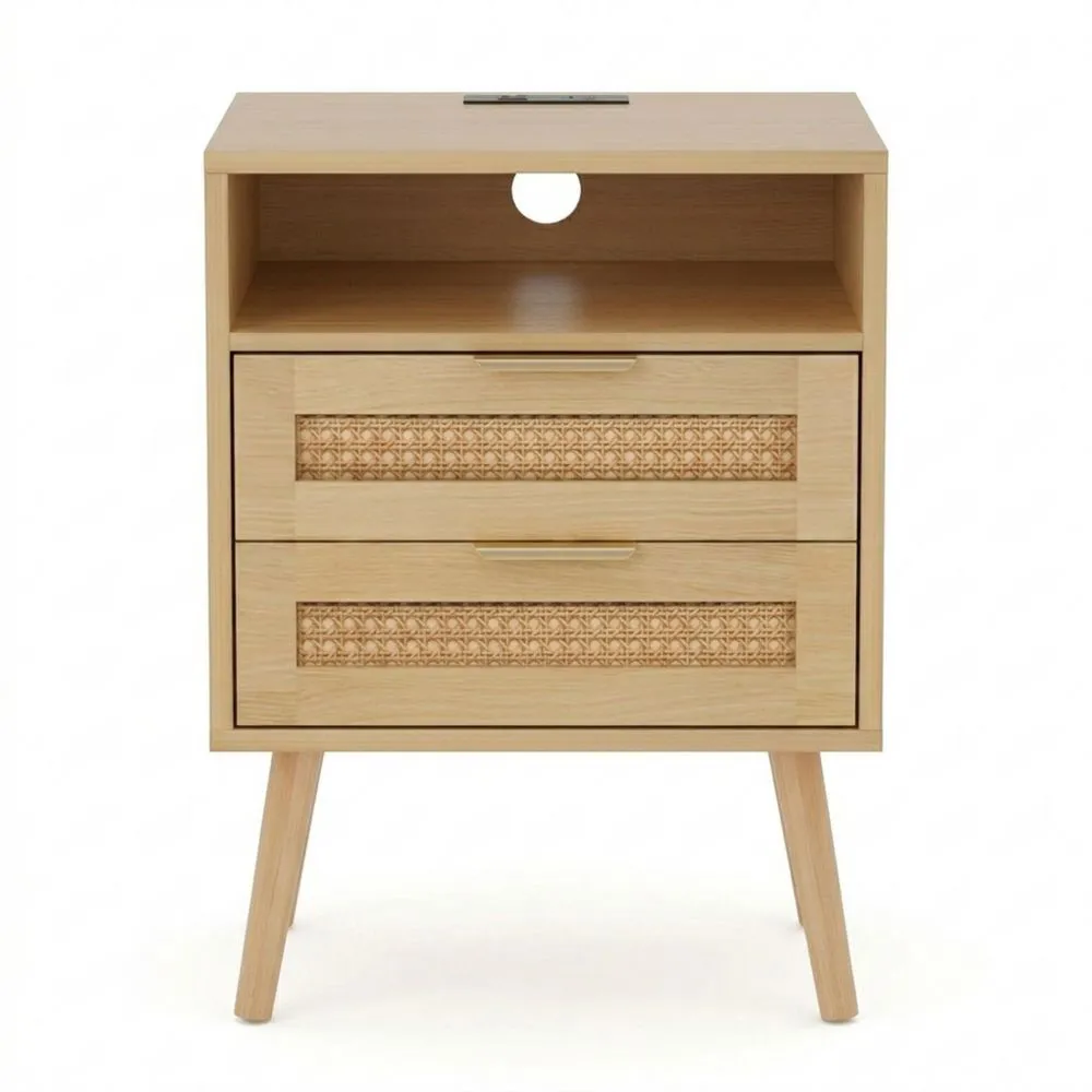 Mesitas de Noche con LED y Cajones de Ratán, Modernas para Dormitorio y Sala