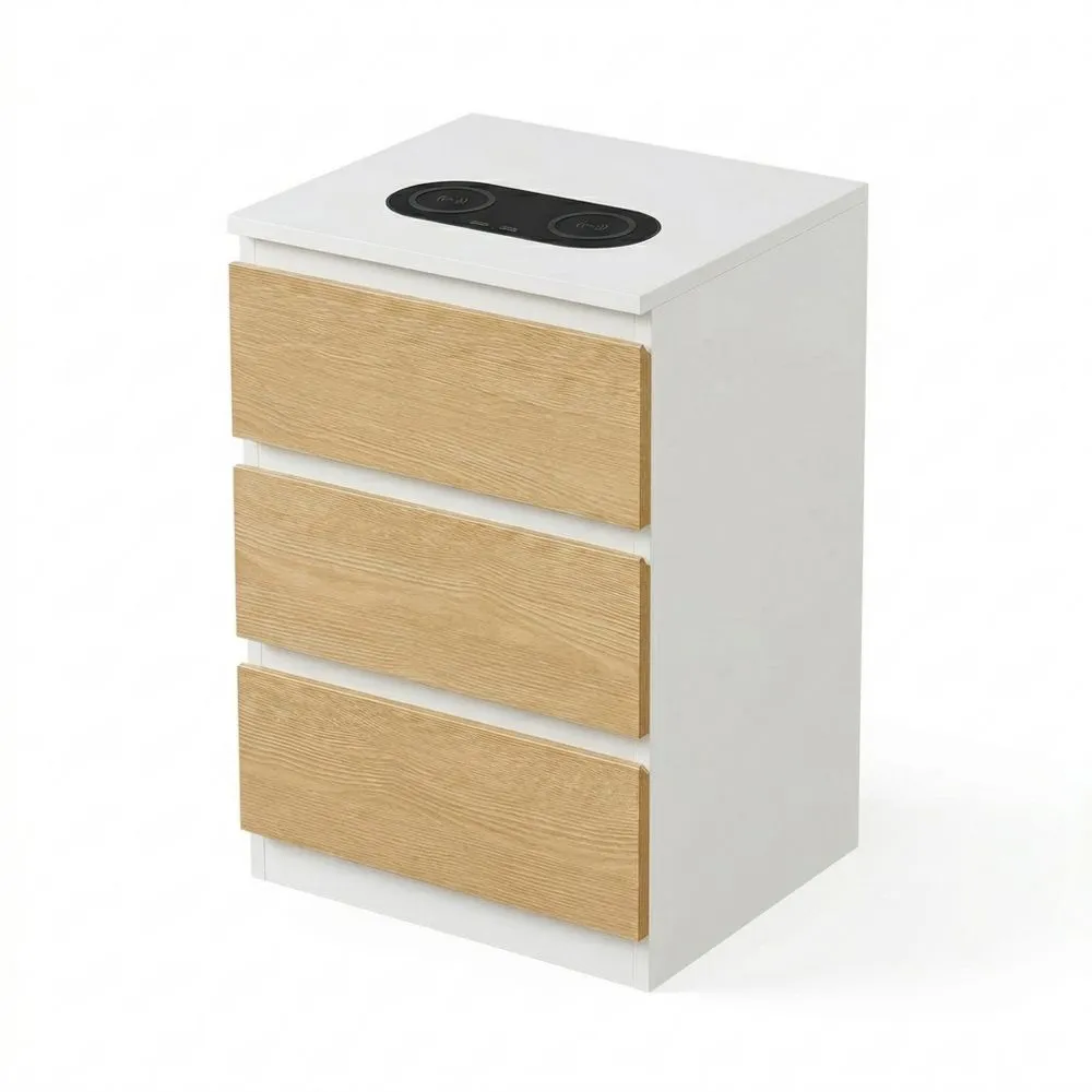 Mesita de Noche con Estación de Carga, 3 Cajones, 2 Puertos USB y 2 Enchufes, Blanco Nube y Amarillo Almendra