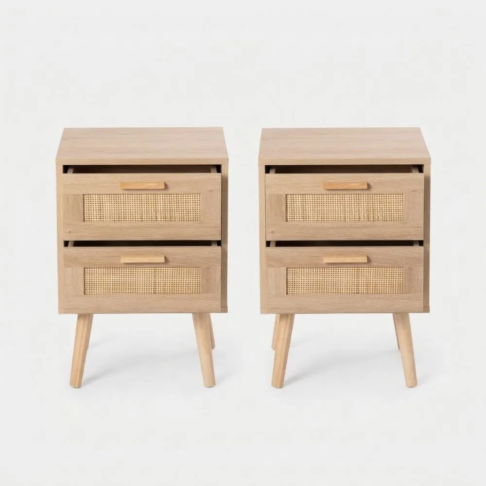 Juego de 2 mesitas de noche con 2 cajones de ratán natural