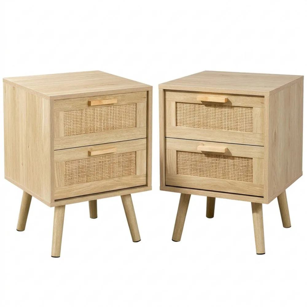 Mesitas de Noche de Madera con Cajones de Ratán, Juego de 2