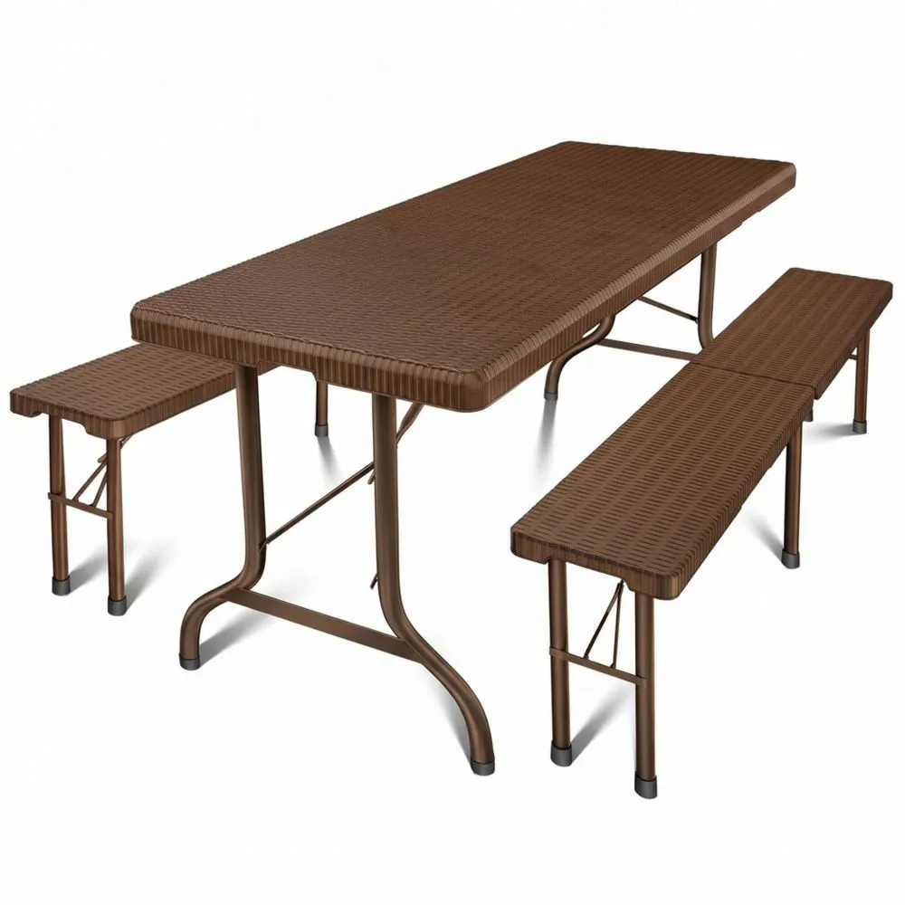 Juego de Mesa y Bancos Plegables para Jardín, Estilo Ratán, Marrón