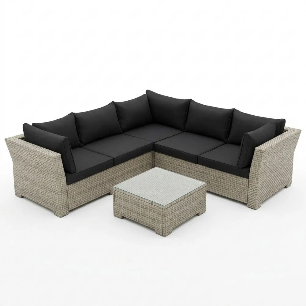 Juego de Muebles de Jardín de Ratán, 5 Plazas, con Cojines Negros