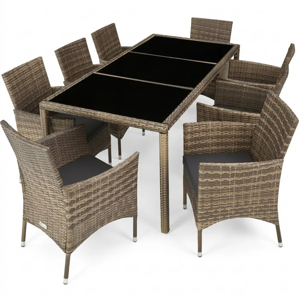 Conjunto de jardín de ratán y acero para exterior con cojines, resistente a la intemperie para 8 personas, fácil limpieza