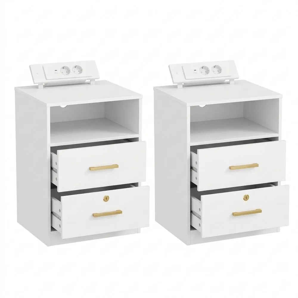 Mesitas de noche con puertos USB y tipo C, luces LED, 1 compartimento abierto y 2 cajones, para dormitorio y sala, blanco