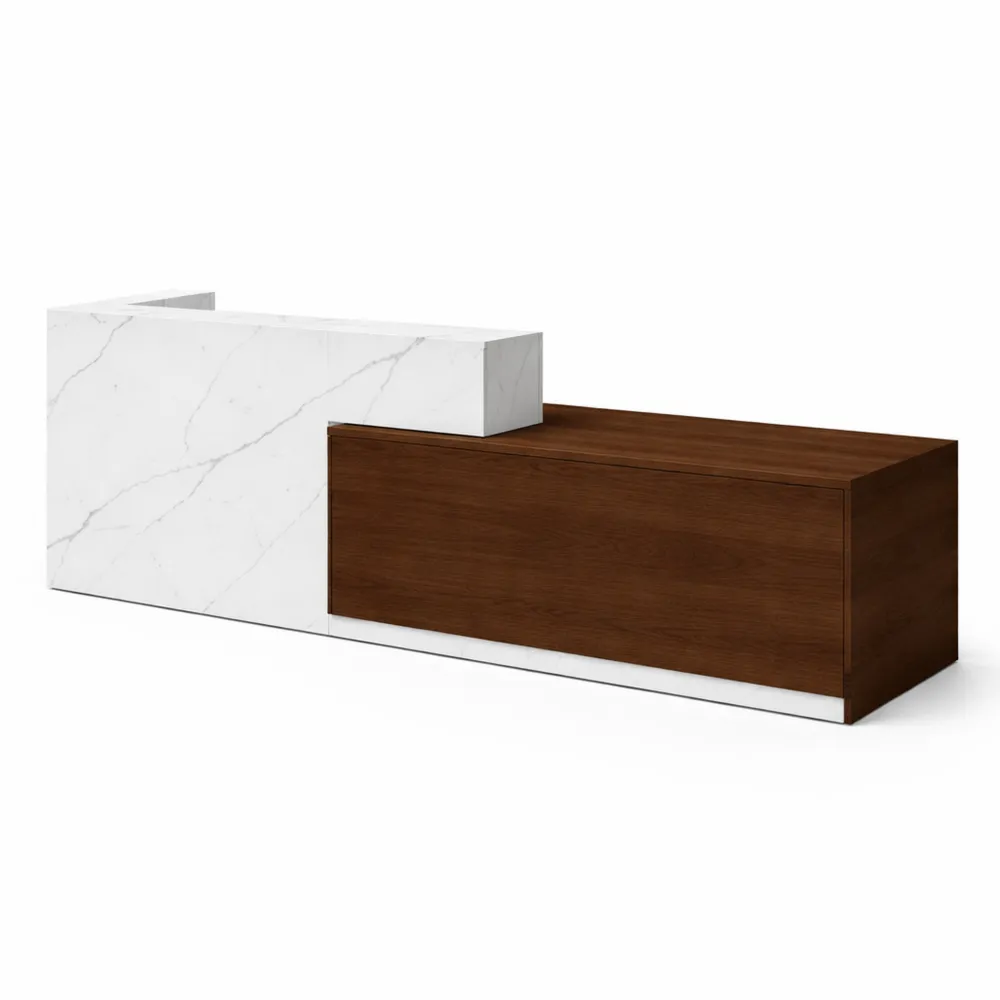 Banco reception moderno con cassetto e ripiani aperti, ideale per uffici, saloni e negozi