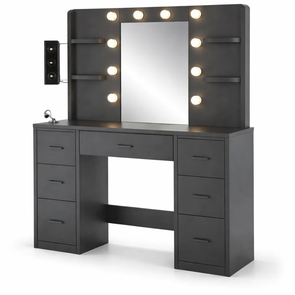 Toeletta da Trucco con Specchio LED e Presa, Luminosità Regolabile, 7 Cassetti e 6 Ripiani in Nero