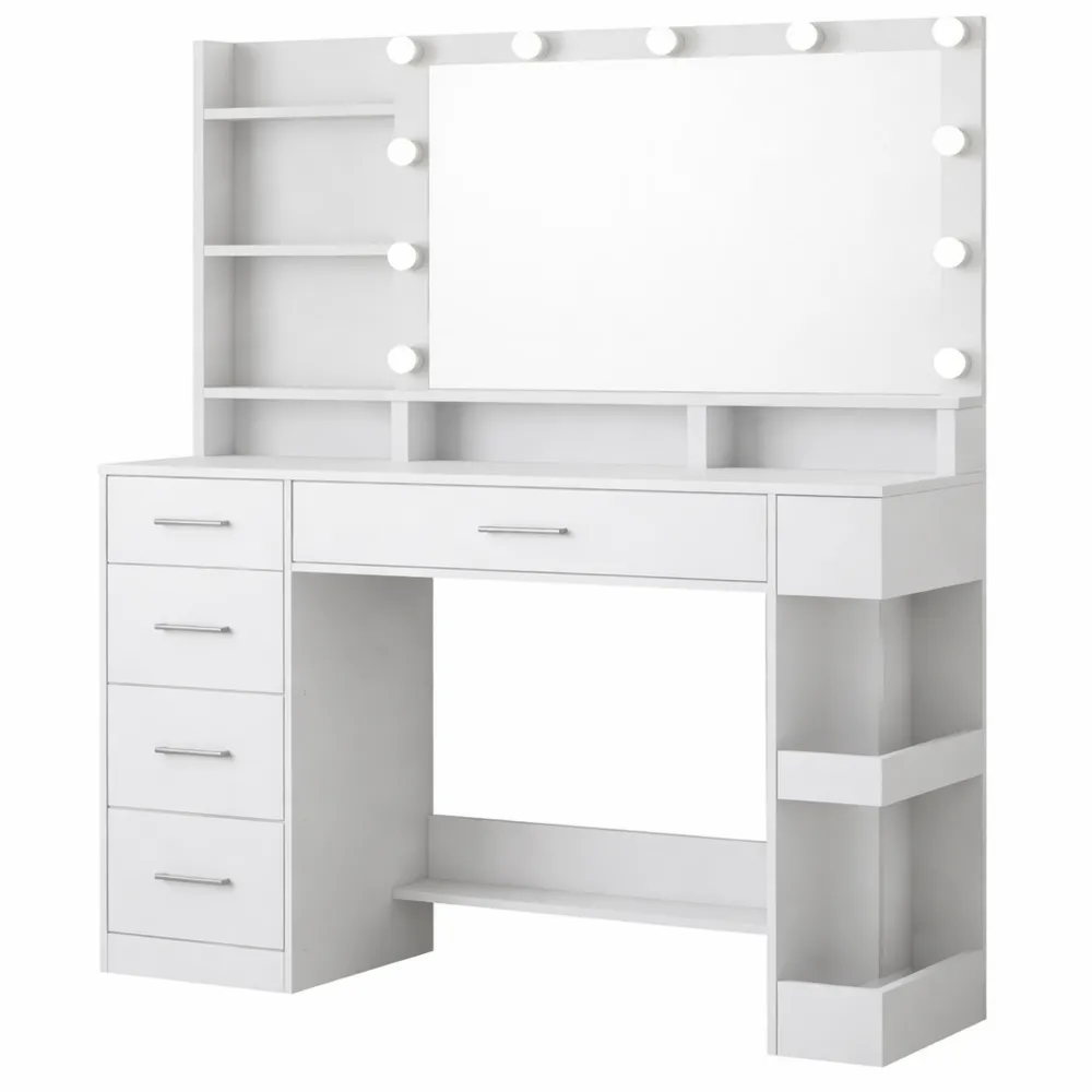 Toeletta da Trucco con LED, Grande Specchio, 6 Scomparti, 5 Cassetti e Vano Laterale, Bianco