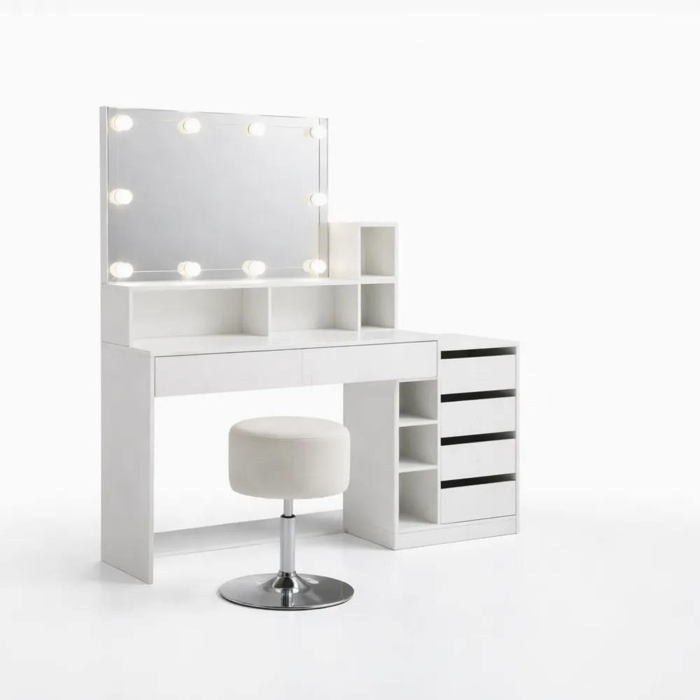 Tavolo da toeletta bianco con illuminazione LED e sgabello