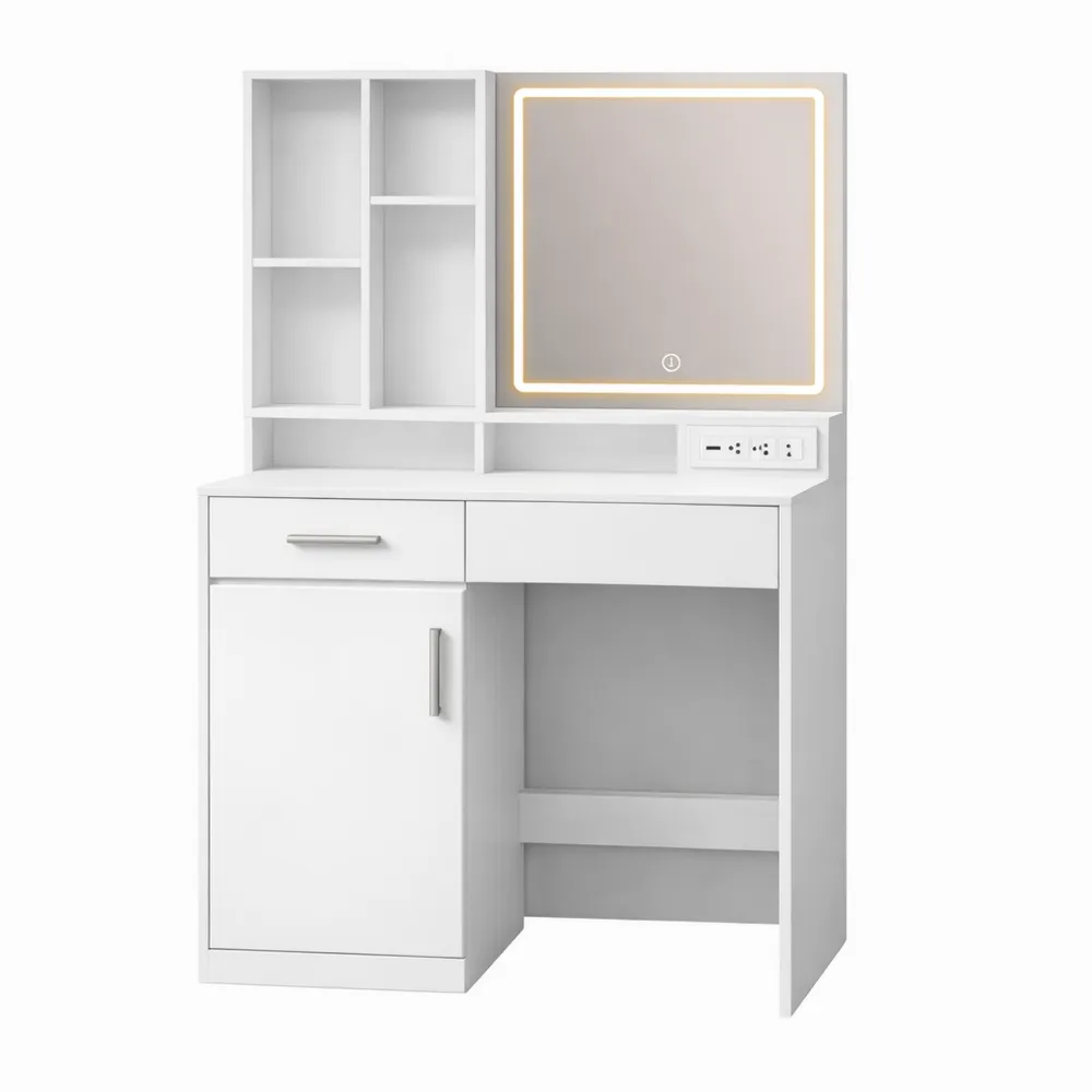 Toeletta con Specchio a LED, Cassetti e Stazione di Ricarica, 90 cm, Bianco