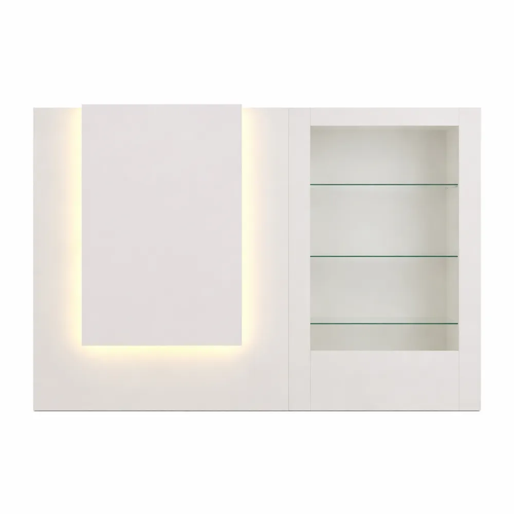 Banco angolare bianco con cassetto tastiera e armadi, luci LED e vetro temperato, tavolo reception 120x122 cm