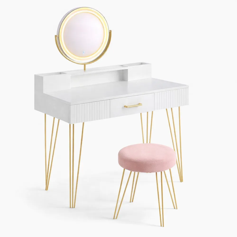 Toeletta con Specchio e Illuminazione, Stazione di Ricarica, Bianco Opaco e Oro