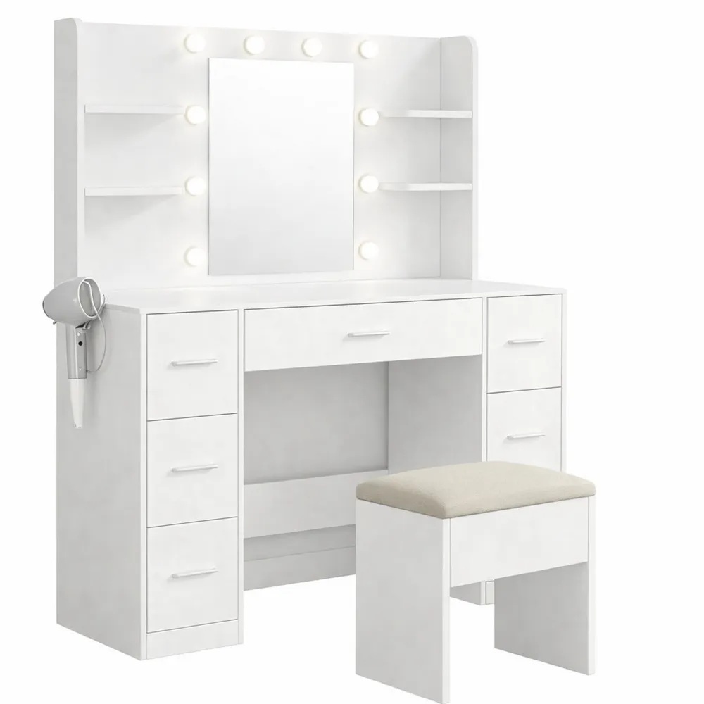 Tavolo da Trucco con Luci e Sgabello, Specchio e 7 Cassetti, 4 Ripiani, Bianco Moderno