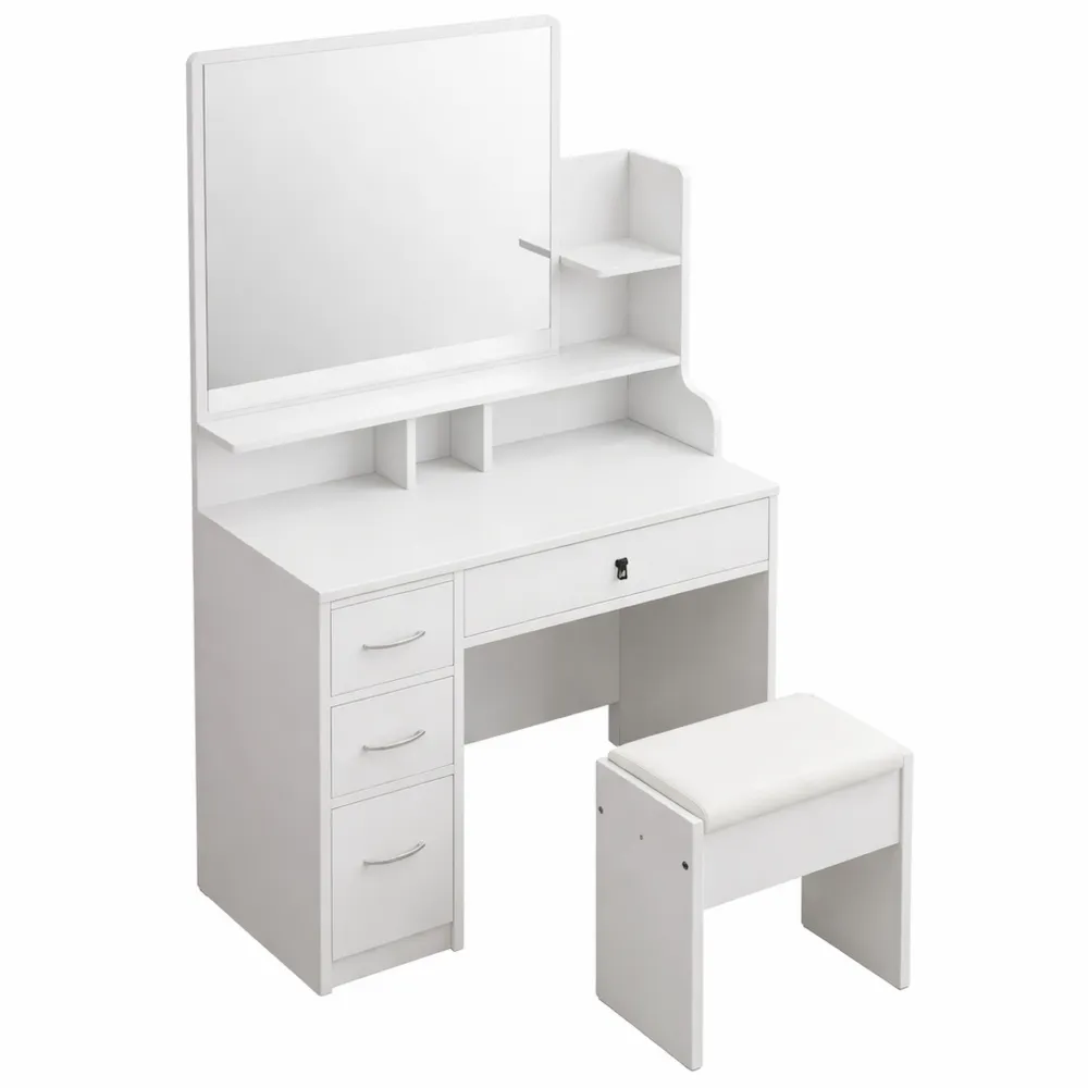 Toeletta con Specchio e Sgabello Imbottito, 4 Cassetti, Mensole, Bianco