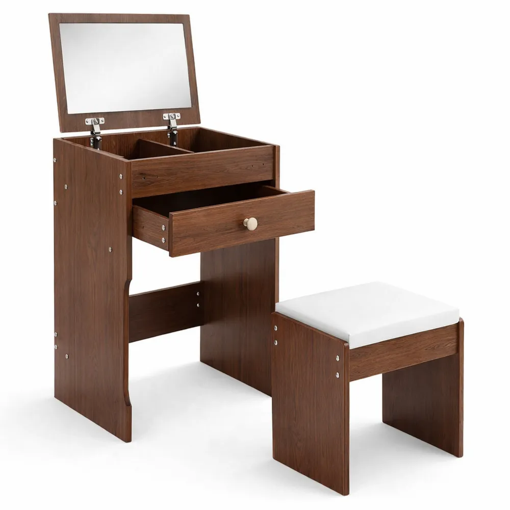 Tavolo da trucco con specchio pieghevole e sedia, cassetto e vano portaoggetti