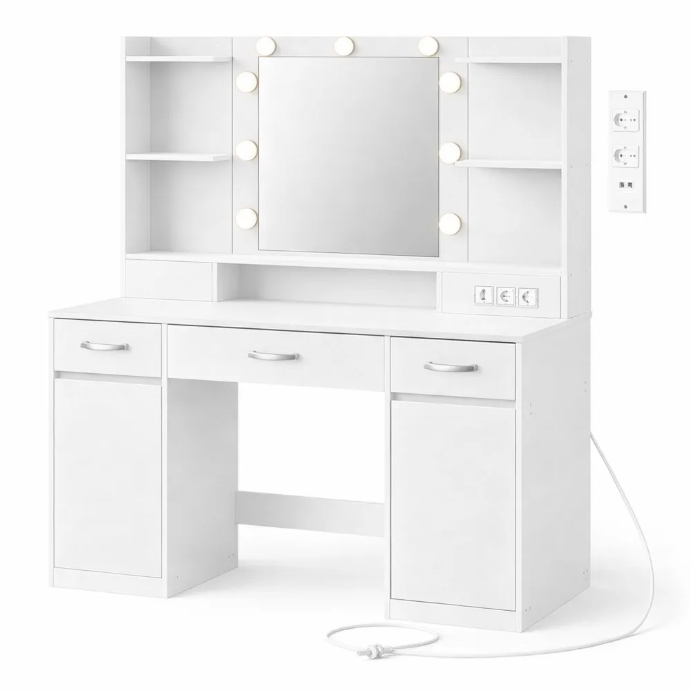 Toeletta con Specchio LED e Armadietti, Illuminazione a 3 Colori, Bianco