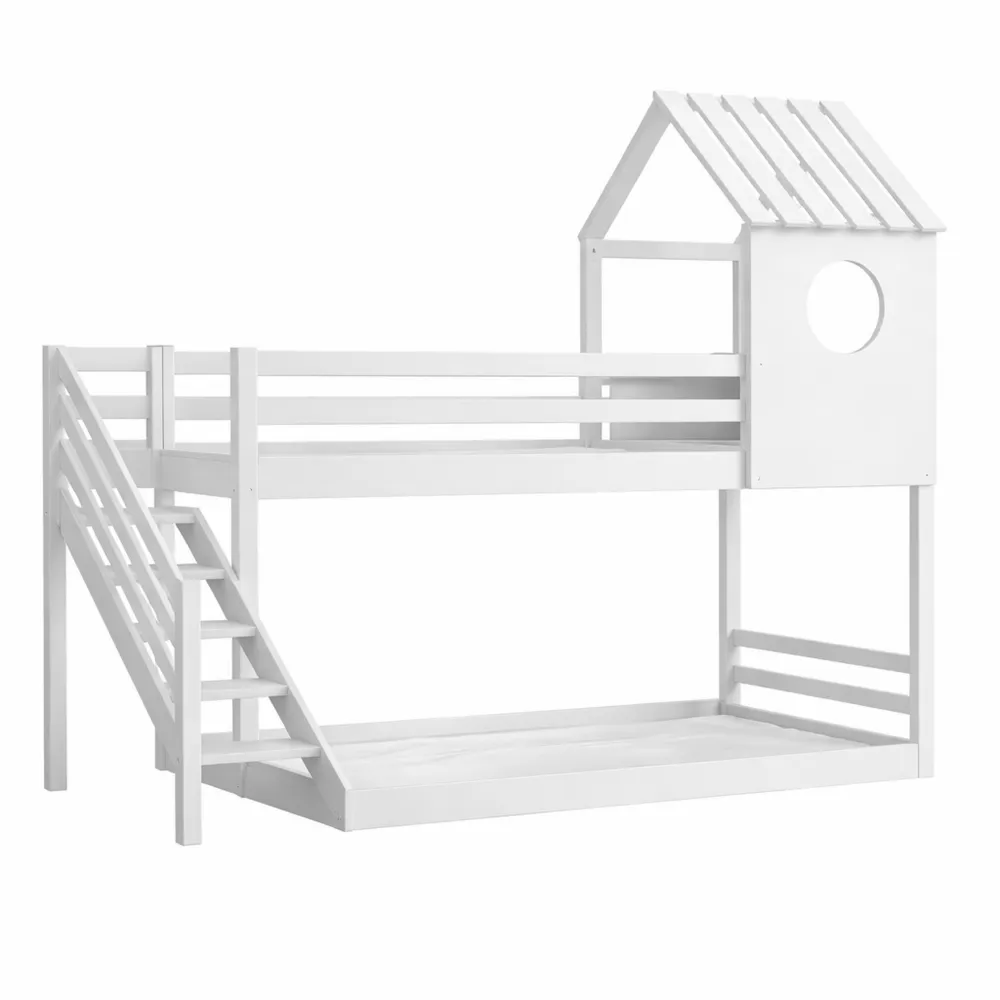 Letto a castello moderno in legno massello 90 x 200 cm per bambini con scala e protezione