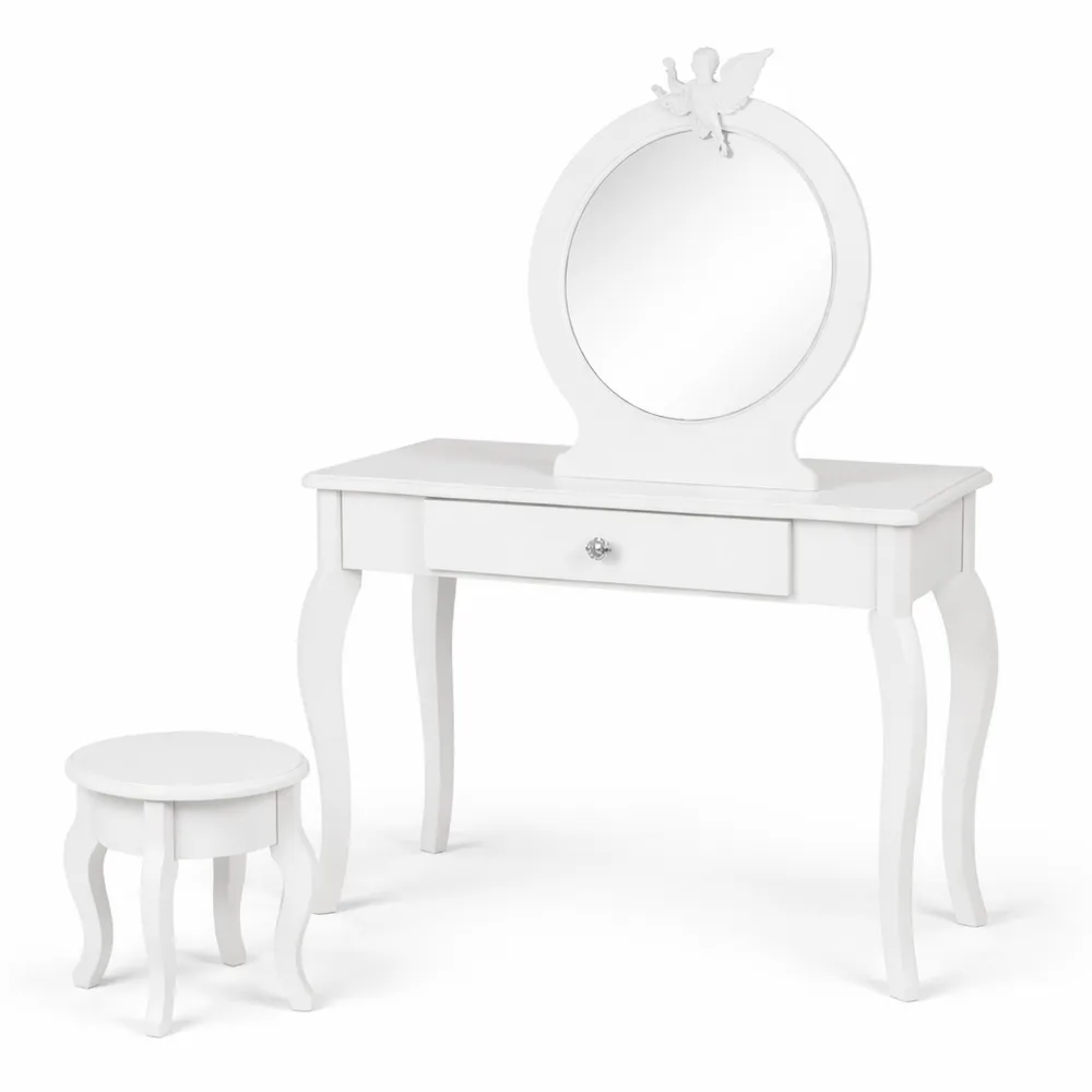 Tavolo da Toeletta per Bambini con Specchio e Sgabello, Legno con Cassetto e Adesivi, Perfetto per Cameretta