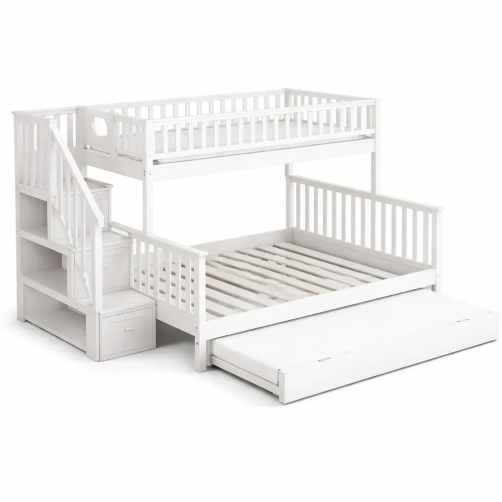 Letto a castello multifunzionale con struttura in legno e ripiani