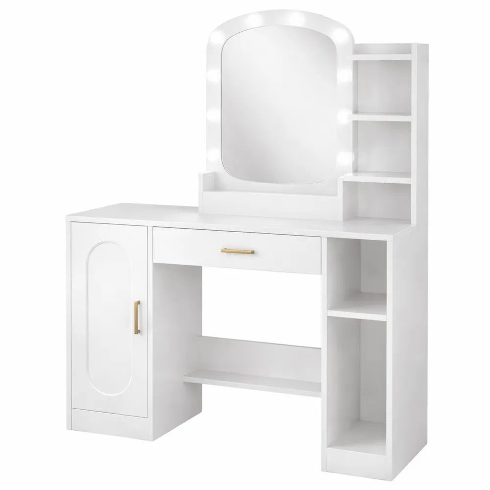 Tavolo da Trucco con Specchio Ovale e Luci Regolabili, Spazio Cosmetico con Cassetto, Armadietto e Scomparti, Colore Bianco