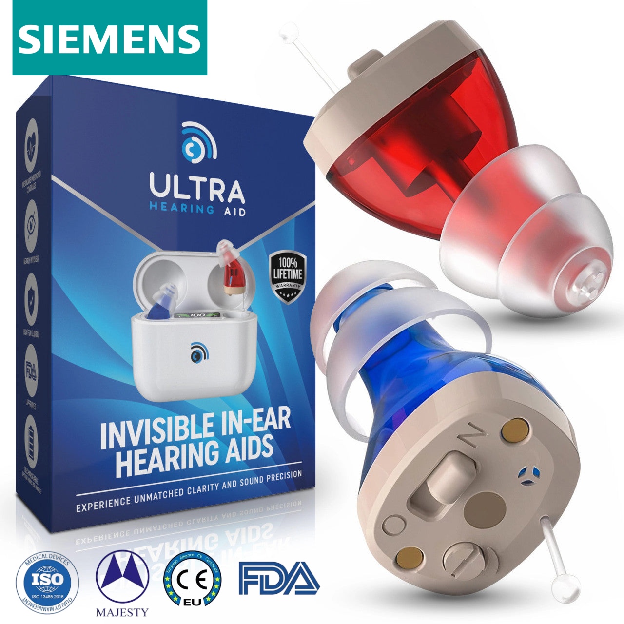Volně prodejné naslouchátko Siemens Ultra – neviditelné, dobíjecí provedení CIC, schváleno FDA
