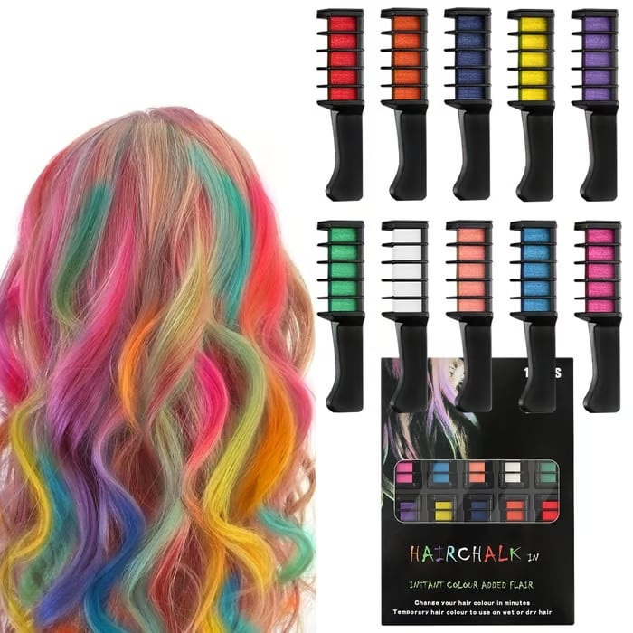 Hair Chalk Comb Set — 10 Vibrant Shades for Instant Style