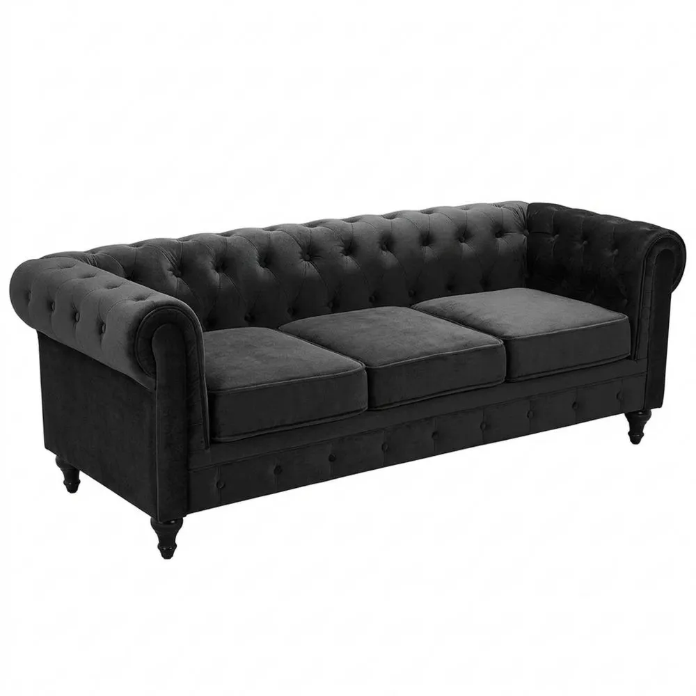 Sofá Clásico Tapizado en Terciopelo Negro con Patas de Madera Oscura de 3 Plazas