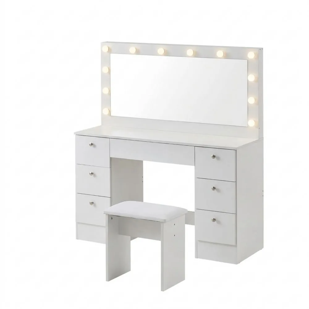 Tocador Moderno con Espejo Grande y Luces LED Ajustables, 7 Cajones y Taburete, Blanco