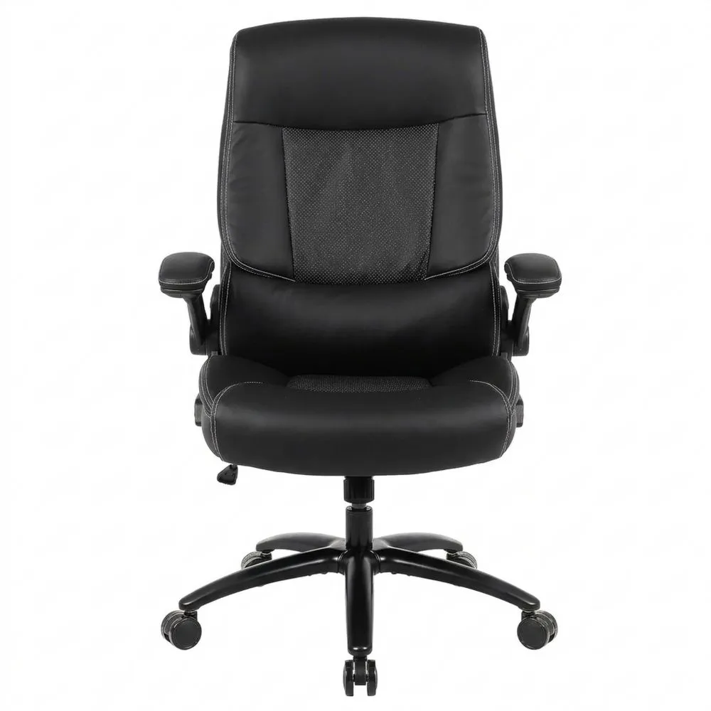 Silla de Oficina Ergonómica para Personas con Peso, Reposabrazos Plegables, Cuero PU, Respaldo Alto, Negro