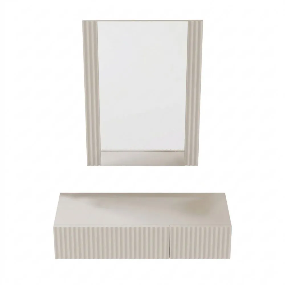 Mesa de Maquillaje Colgante con Espejo y Cajón, Diseño Acanalado, Blanco, Ideal para Dormitorio