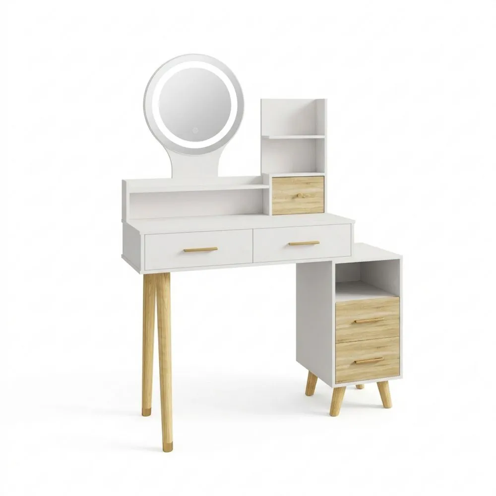 Tocador de Maquillaje con Espejo y Luces LED, 5 Cajones y 4 Compartimentos para Dormitorio o Sala
