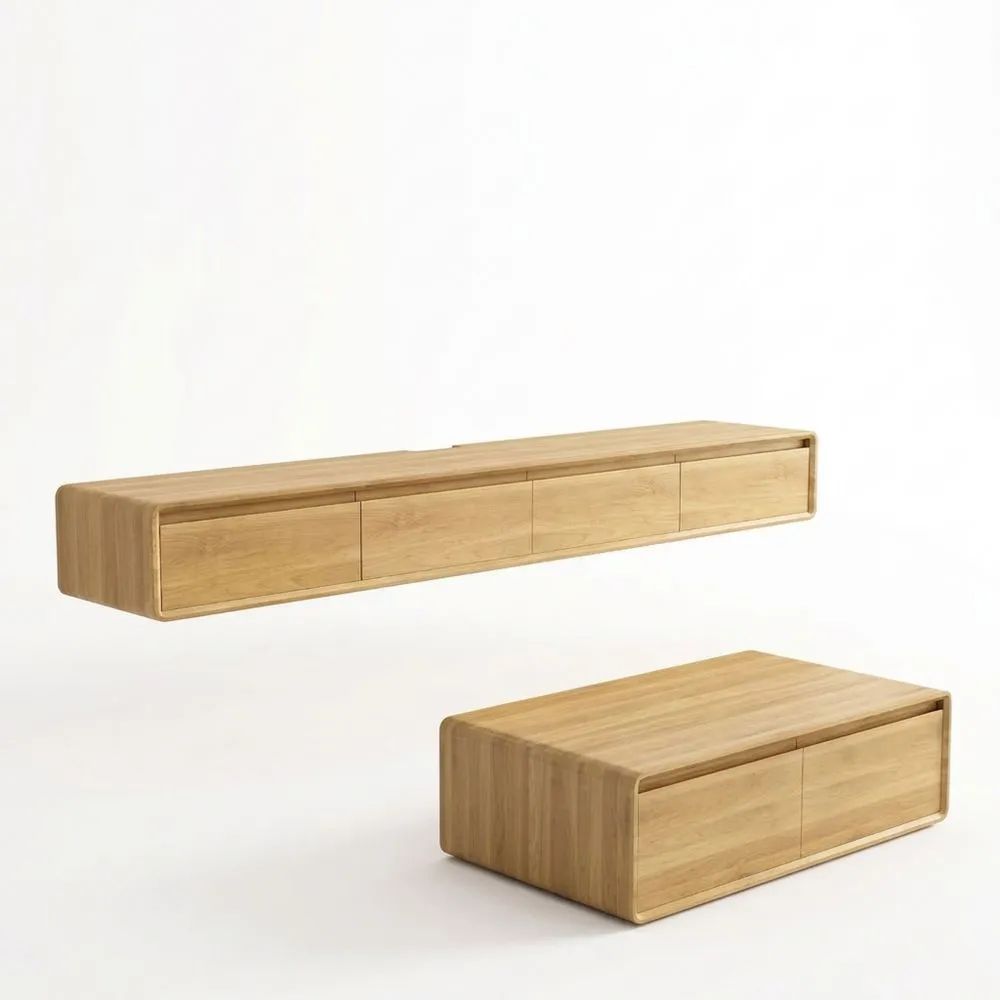 Mueble de TV flotante con puertas abatibles y cajones