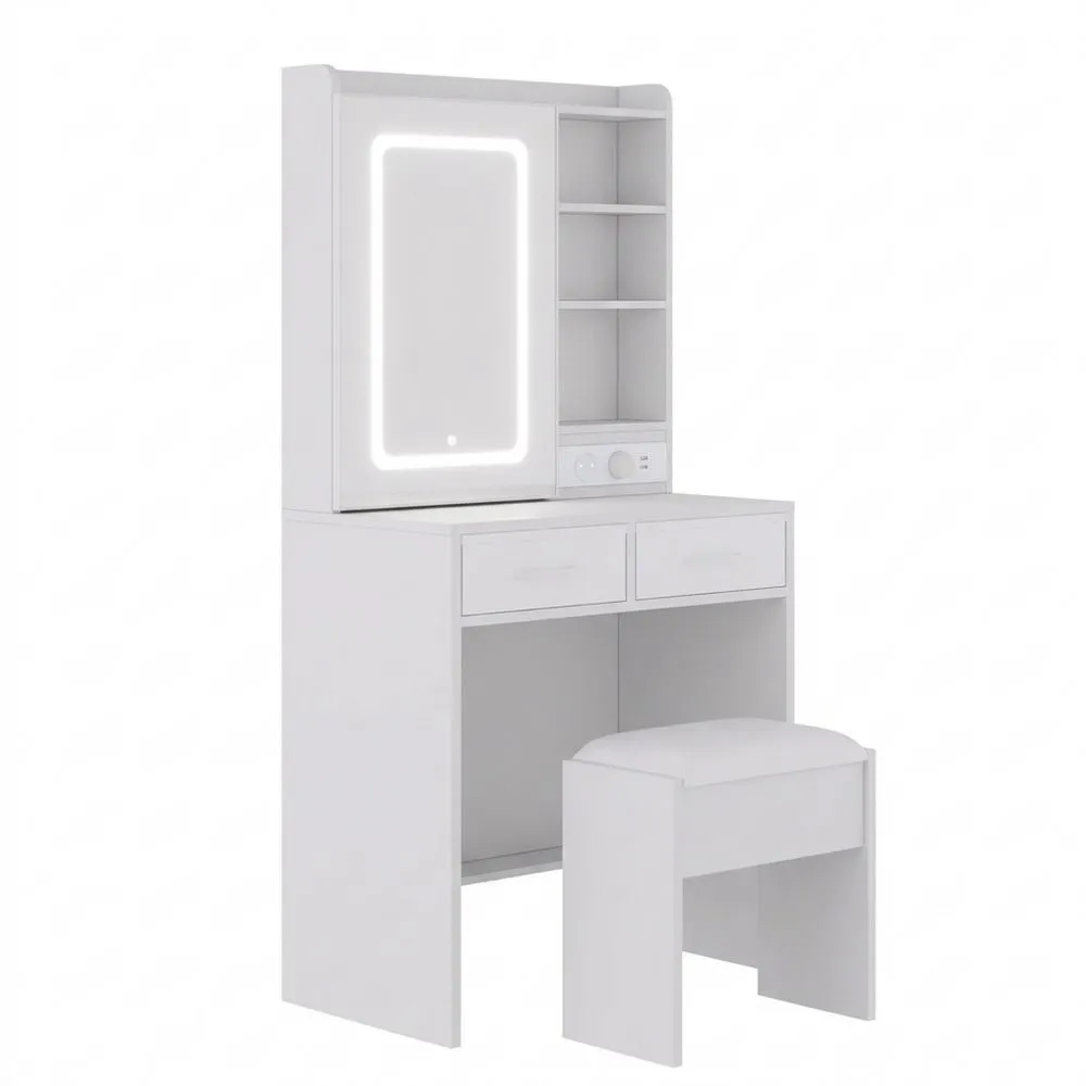 Tocador con Luces LED y Espejos, Luz Ajustable en 3 Colores, Taburete Suave, Base de Carga, 2 Cajones y 3 Compartimentos Abiertos